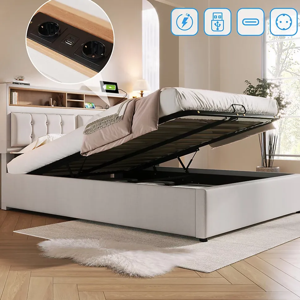 Lit rembourré 160x200cm, lit avec rangement, lit double avec fonction de recharge USB-C, tête de lit et sommier à lattes,lin,beige