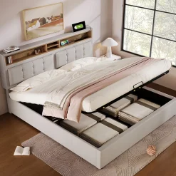 Lit rembourré 160x200cm, lit avec rangement, lit double avec fonction de recharge USB-C, tête de lit et sommier à lattes,lin,beige