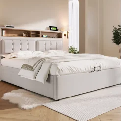 Lit rembourré 140x200cm, lit avec rangement, lit double avec fonction de recharge USB-C, tête de lit et sommier à lattes,lin,beige