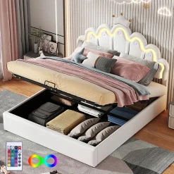 Lit rembourré 140x200cm lit de princesse éclairage d'ambiance réglable lit double pu blanc