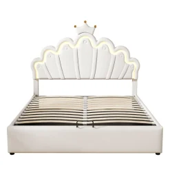 Lit rembourré 140x200cm lit de princesse éclairage d'ambiance réglable lit double pu blanc