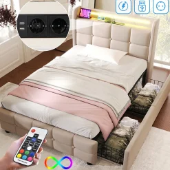 Lit rembourré 90x200cm lit de rangement lit 2 tiroirs lit éclairage led lit sommier à lattes en bois Single lin beige