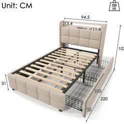 Lit rembourré 90x200cm lit de rangement lit 2 tiroirs lit éclairage led lit sommier à lattes en bois Single lin beige