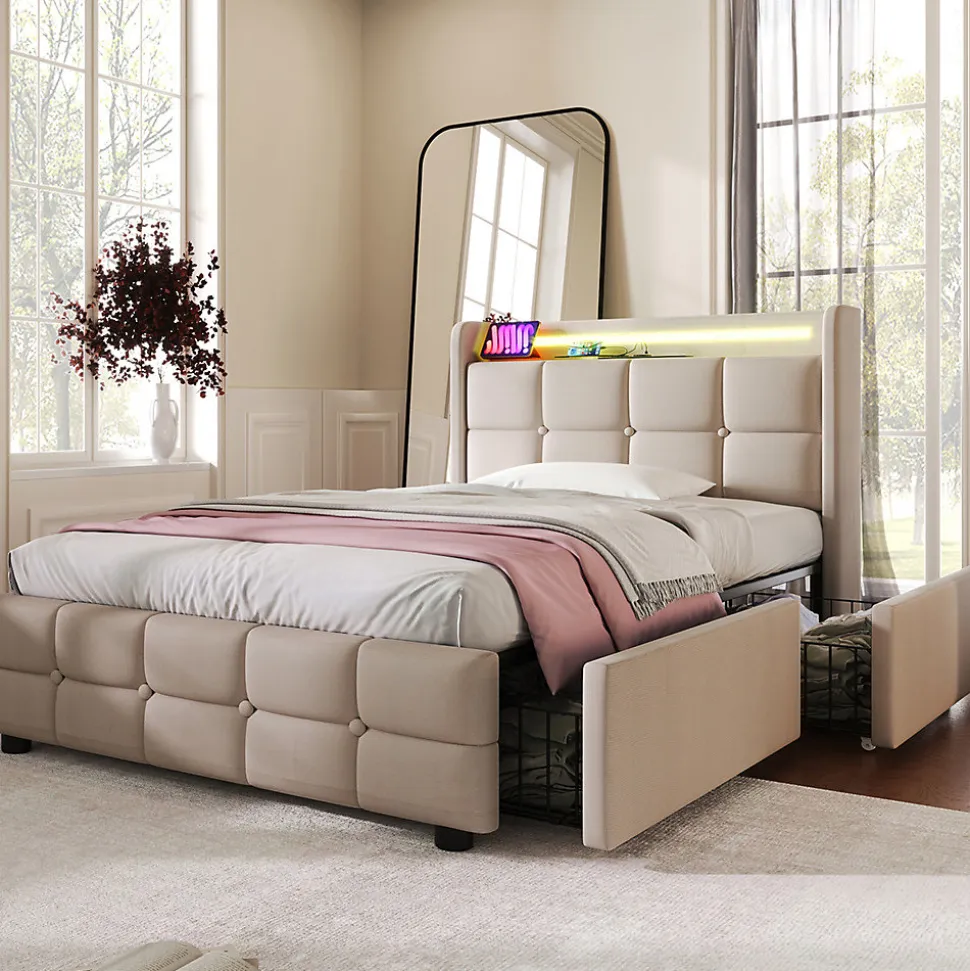 Lit rembourré 90x200cm lit de rangement lit 2 tiroirs lit éclairage led lit sommier à lattes en bois Single lin beige