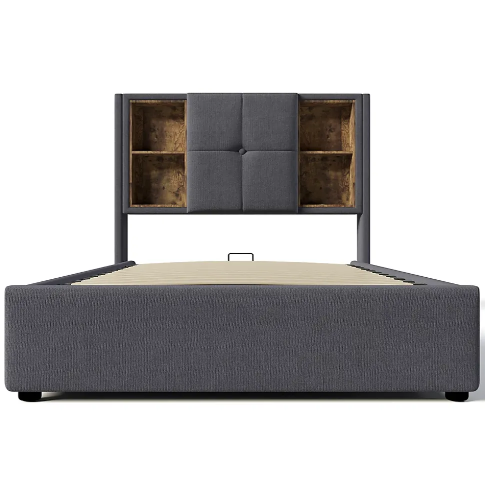 Lit rembourré 90x200cm lit de rangement lit sommier à lattes en bois avec chargement sans fil usb c Single coton gris