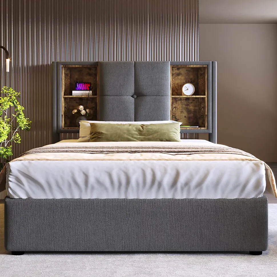 Lit rembourré 90x200cm lit de rangement lit sommier à lattes en bois avec chargement sans fil usb c Single coton gris