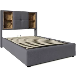 Lit rembourré 90x200cm lit de rangement lit sommier à lattes en bois avec chargement sans fil usb c Single coton gris