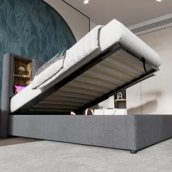 Lit rembourré 90x200cm lit de rangement lit sommier à lattes en bois avec chargement sans fil usb c Single coton gris