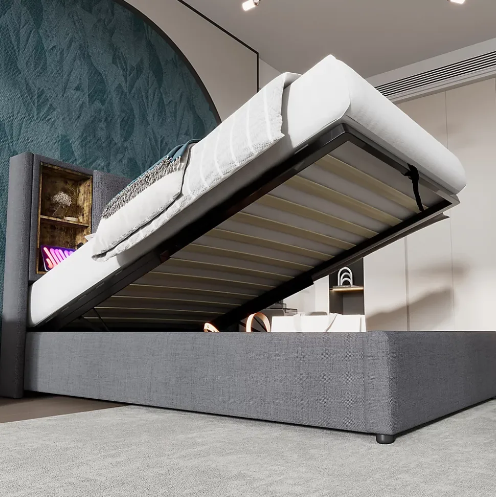 Lit rembourré 90x200cm lit de rangement lit sommier à lattes en bois avec chargement sans fil usb c Single coton gris