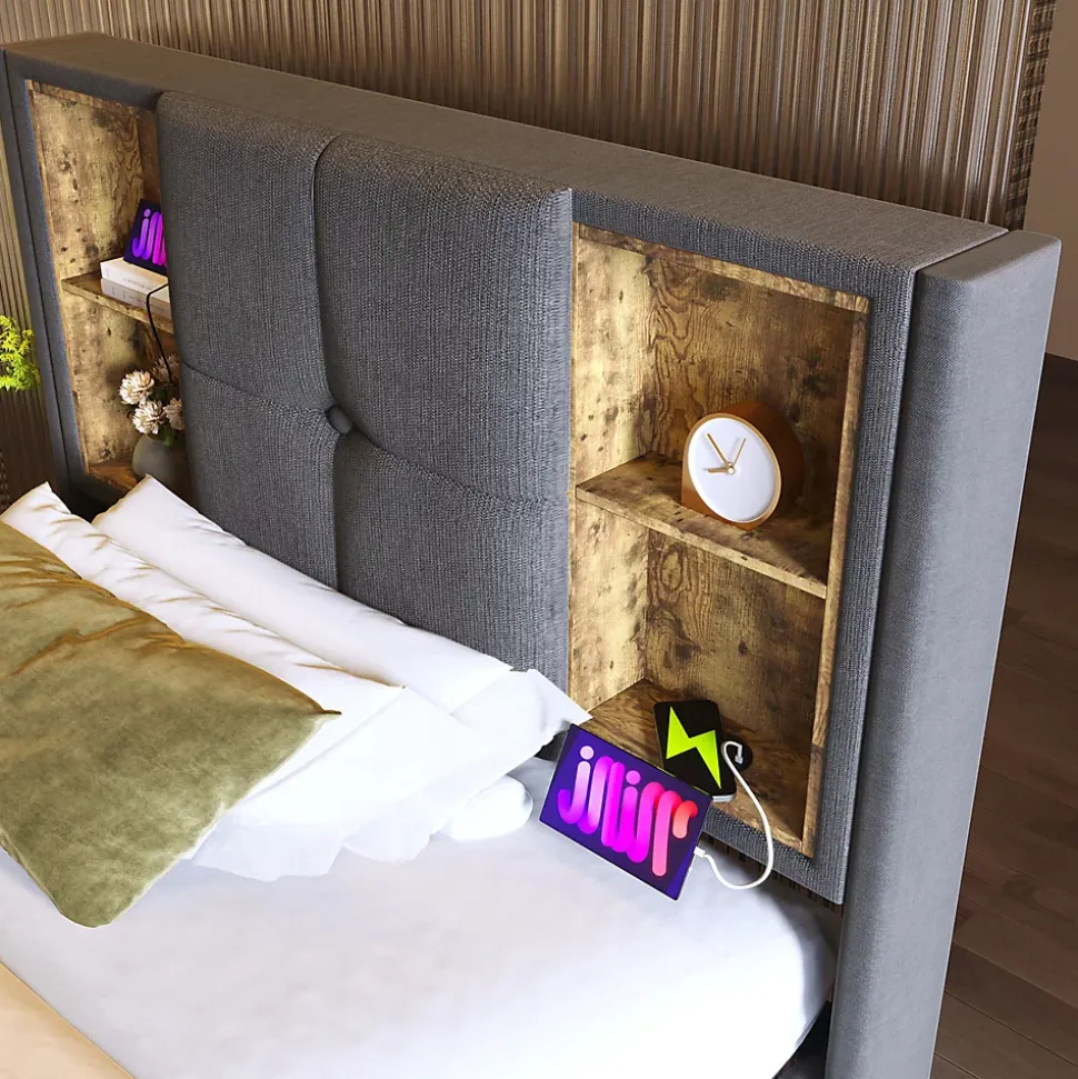 Lit rembourré 90x200cm lit de rangement lit sommier à lattes en bois avec chargement sans fil usb c Single coton gris