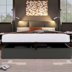lit rembourré 160x200cm lit de rangement lit lampe de lecture lit tête de lit avec fonction de chargement usb lit double pu gris
