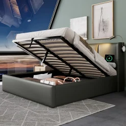 lit rembourré 160x200cm lit de rangement lit lampe de lecture lit tête de lit avec fonction de chargement usb lit double pu gris