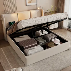 Lit rembourré 160x200cm lit de rangement lit lampe de lecture lit tête de lit avec fonction de chargement usb lit double lin beige