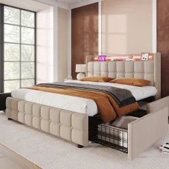 Lit rembourré 140x200cm lit de rangement lit 4 tiroirs lit éclairage led lit sommier à lattes en bois lit double lin beige