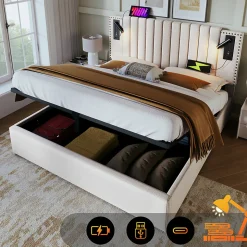 Lit rembourré 160x200cm, lit de rangement avec sommier à lattes, lumière de lecture et fonction de chargement usb, coton, beige
