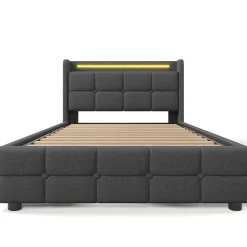 Lit rembourré 90x200cm lit de rangement lit 2 tiroirs lit éclairage led lit sommier à lattes en bois Single lin gris