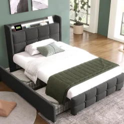 Lit rembourré 90x200cm lit de rangement lit 2 tiroirs lit éclairage led lit sommier à lattes en bois Single lin gris