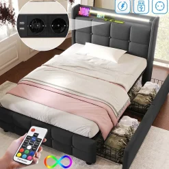 Lit rembourré 90x200cm lit de rangement lit 2 tiroirs lit éclairage led lit sommier à lattes en bois Single lin gris