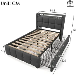 Lit rembourré 90x200cm lit de rangement lit 2 tiroirs lit éclairage led lit sommier à lattes en bois Single lin gris