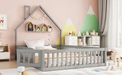 Lit Rembourré 140x200cm, Lit Maison Enfant, Bois de Pin, Blanc