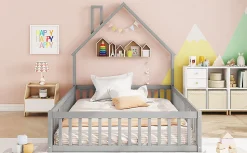 Lit Rembourré 140x200cm, Lit Maison Enfant, Bois de Pin, Blanc