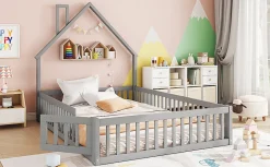 Lit Rembourré 140x200cm, Lit Maison Enfant, Bois de Pin, Blanc