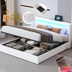 Lit rembourré 160x200cm lit sommier à lattes lit barre lumineuse à led lecteur bluetooth et recharge usb lit double cuir pu blanc