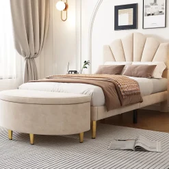 Lit rembourré 90x200cm lit sommier à lattes en bois lit des pieds de fer dorés lit de rangement banc Single velours beige