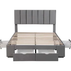 Lit Rembourré 140X200Cm Velours Tiroirs Gris Blackcolors