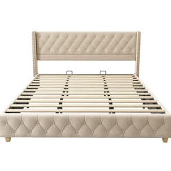 Lit Rembourré 180X200Cm Velours Bois Beige Blackcolors