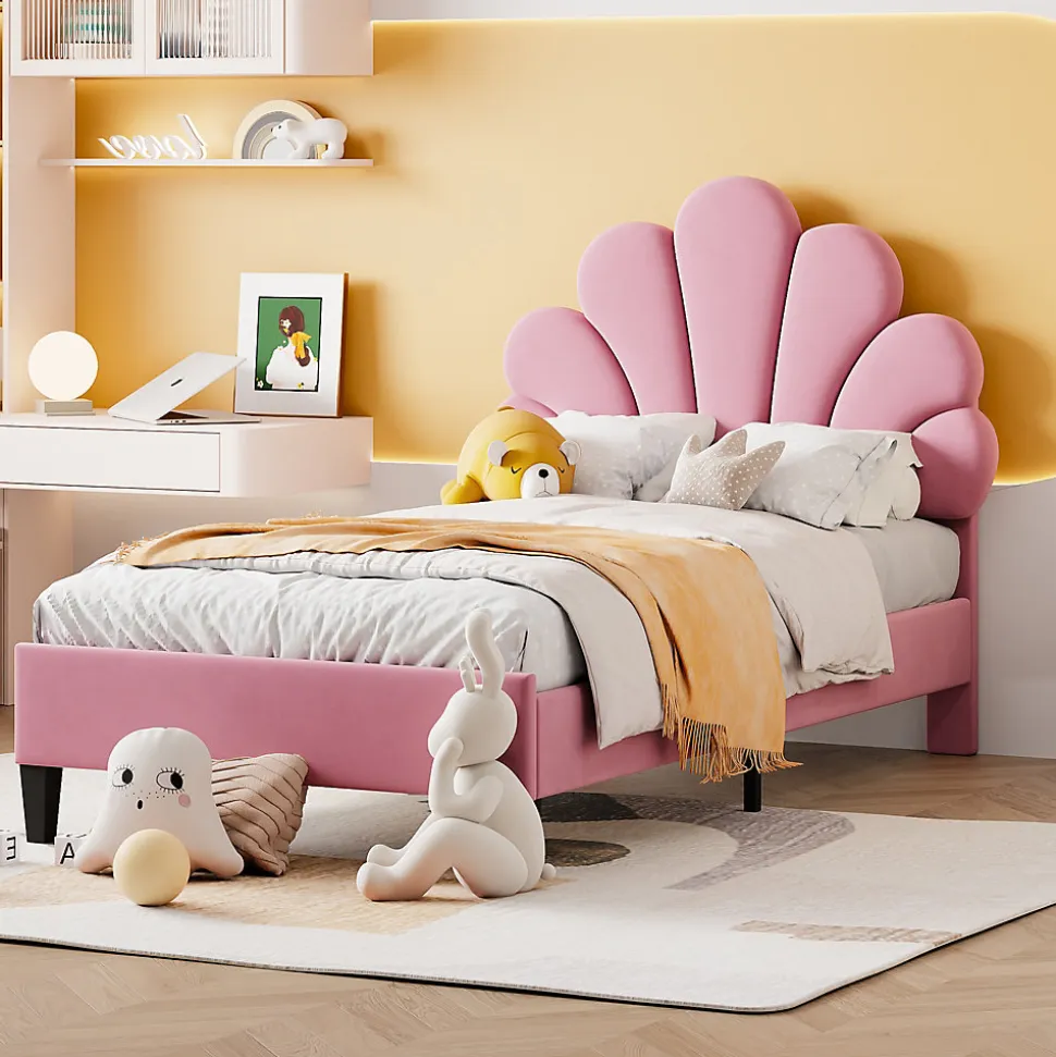 Lit rembourre 90 sur 200 cm avec tete de lit fleurie en velours doux cadre avec sommier lit dappoint rose