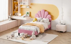 Lit rembourre 90 sur 200 cm avec tete de lit fleurie en velours doux cadre avec sommier lit dappoint rose