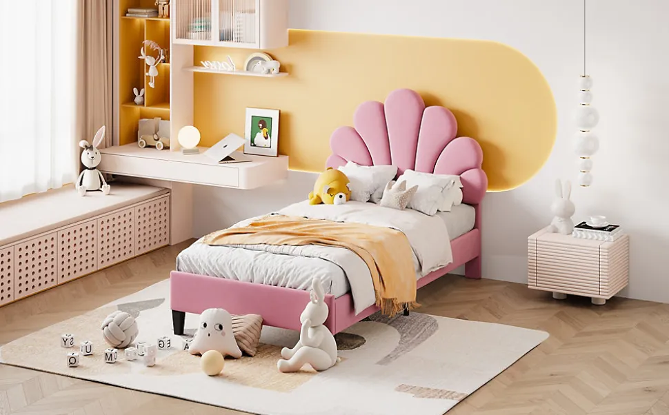 Lit rembourre 90 sur 200 cm avec tete de lit fleurie en velours doux cadre avec sommier lit dappoint rose