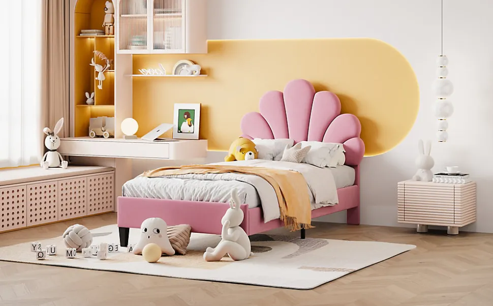 Lit rembourre 90 sur 200 cm avec tete de lit fleurie en velours doux cadre avec sommier lit dappoint rose