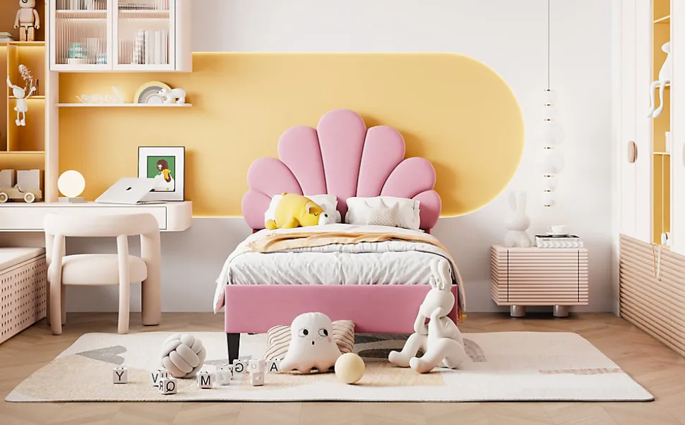 Lit rembourre 90 sur 200 cm avec tete de lit fleurie en velours doux cadre avec sommier lit dappoint rose