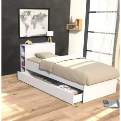 Lit RIGA 90x190 + tête de lit + 1 tiroir / Blanc