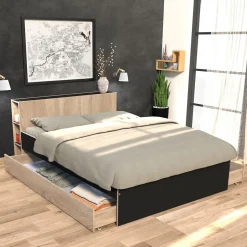 Lit RIGA 140x190cm + tête de lit + 2 tiroirs / Décor Noir et Chêne blanchi