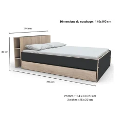 Lit RIGA 140x190cm + tête de lit + 2 tiroirs / Décor Noir et Chêne blanchi
