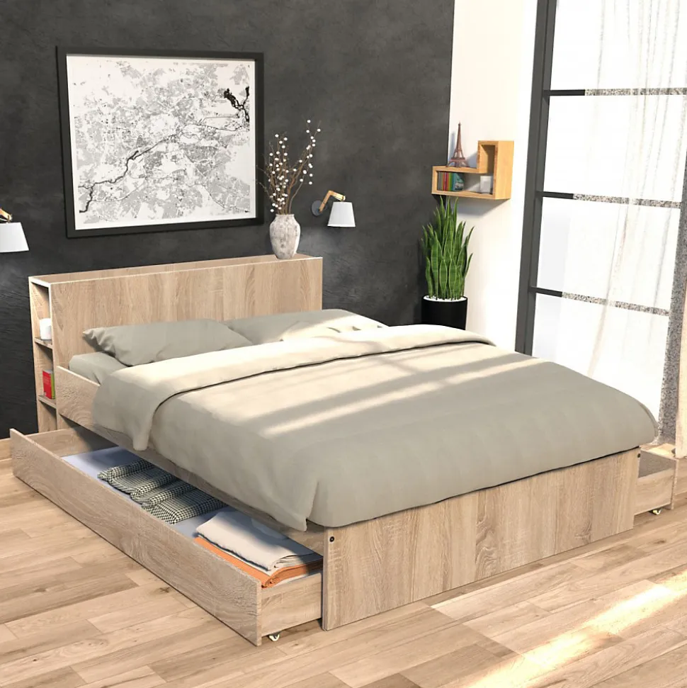 Lit RIGA 140x190cm + tête de lit + 2 tiroirs / Décor Chêne Blanchi