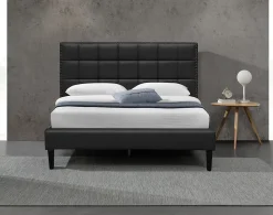 Lit riley pour matelas 120x200 - sommier + tete de lit capitonnee noir - pieds 16 cm pour matelas - 2 x 13 lattes - - confort -