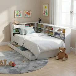 Lit ROLLER 90x190 + 1 sommier + 1 tiroir + étagères / Blanc