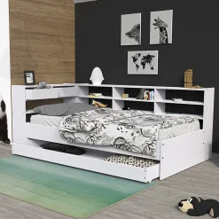 Lit ROLLER 90x190 + 1 sommier + 1 tiroir + étagères / Blanc