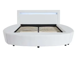 Lit rond 160 x 200 cm - Avec LEDs - Simili - Blanc + Matelas - ABULIS III