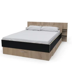 Lit SAMBA 140x190cm + tête de lit + 2 tiroirs / Décor Noir & chêne blanchi