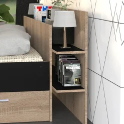 Lit SAMBA 140x190cm + tête de lit + 2 tiroirs / Décor Noir & chêne blanchi