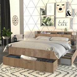 Lit SAMBA 140x190cm + tête de lit + 2 tiroirs / Décor Chêne blanchi