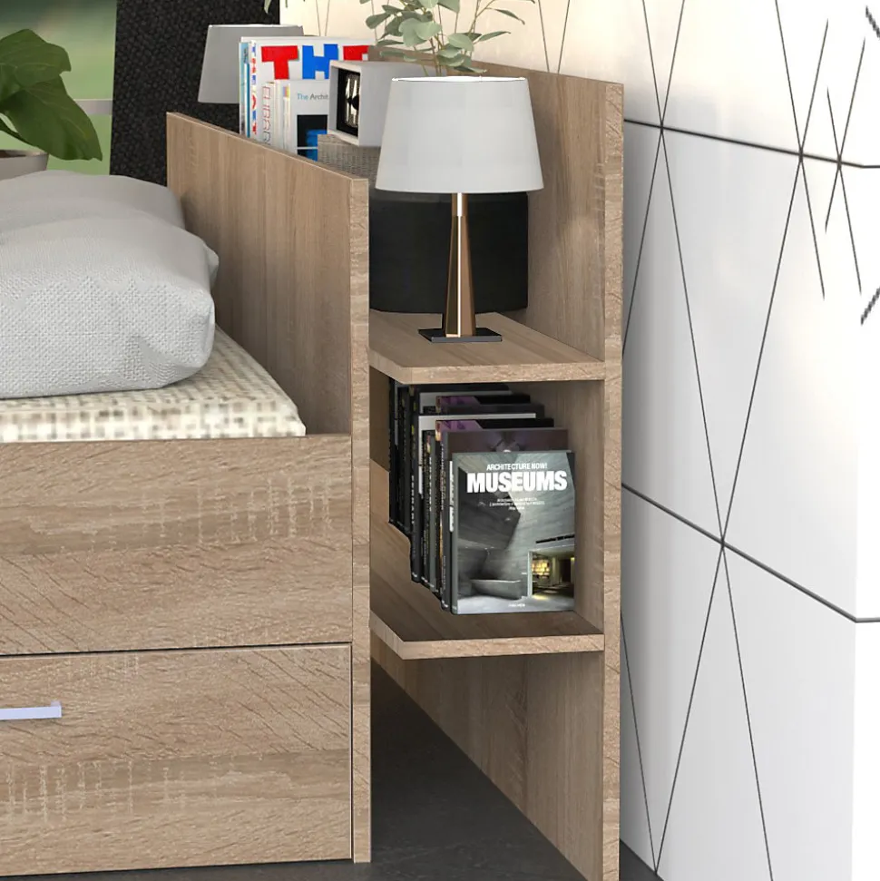 Lit SAMBA 140x190cm + tête de lit + 2 tiroirs / Décor Chêne blanchi