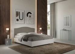 Lit sans sommier 160x200 structure frêne blanc avec tête de lit mélamine/simili cuir cappuccino Grace