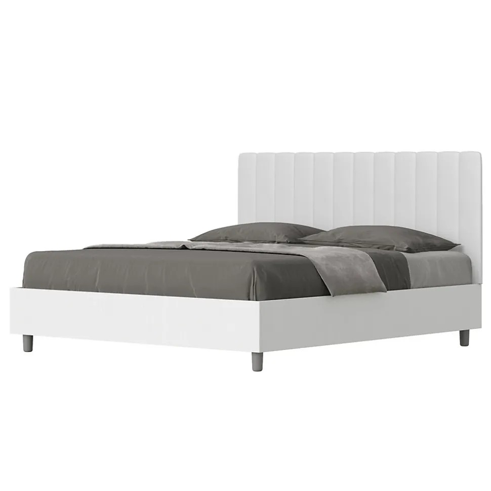 Lit sans sommier 160x200 structure frêne blanc tête de lit mélamine blanc/simili cuir Kaia