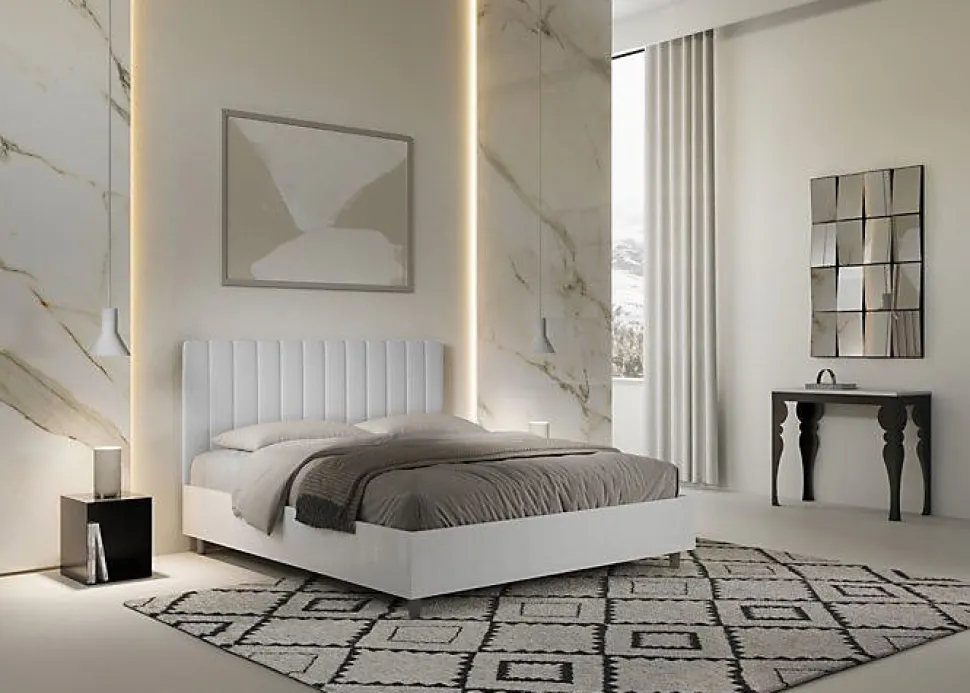 Lit sans sommier 160x200 structure frêne blanc tête de lit mélamine blanc/simili cuir Kaia